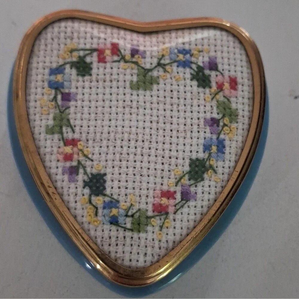 Vintage Count On Me Blue Heart Trinket Box Floral Needlepoint Lid Ceramic MadeUK